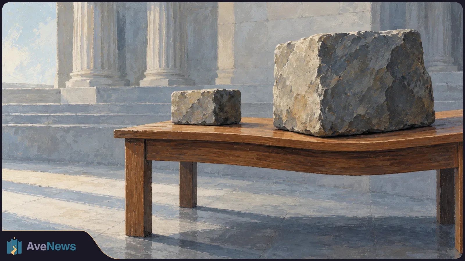 Painterly illustration of two rough stone blocks, one large and one small, on a wooden table before pale columns and steps. SI illustration