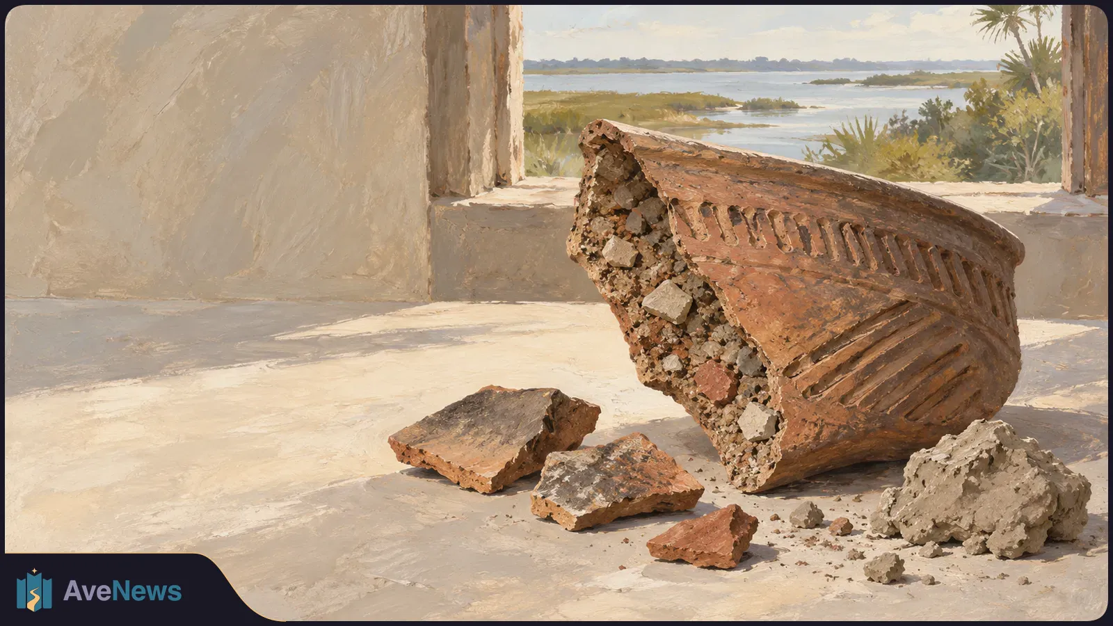 A painted scene of a broken, patterned clay vessel with fragments visible inside. Pottery shards lie on the floor beside a window overlooking marshy water. SI illustration