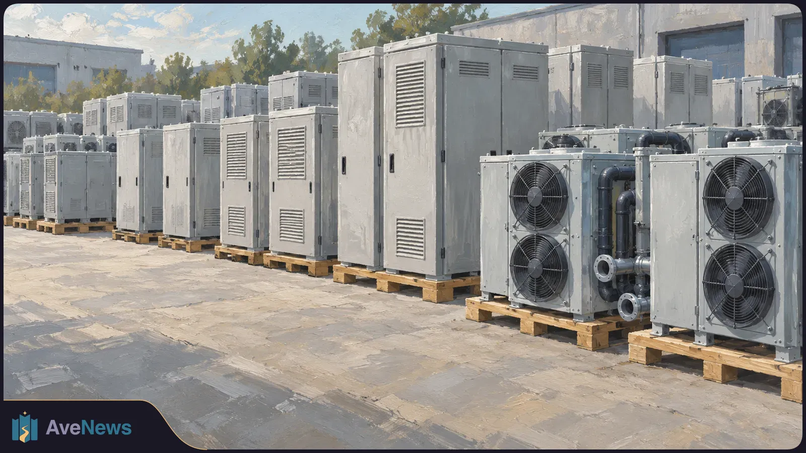 Rows of gray industrial cabinets and fan-equipped cooling units stand on wooden pallets in a paved yard beside buildings. SI illustration