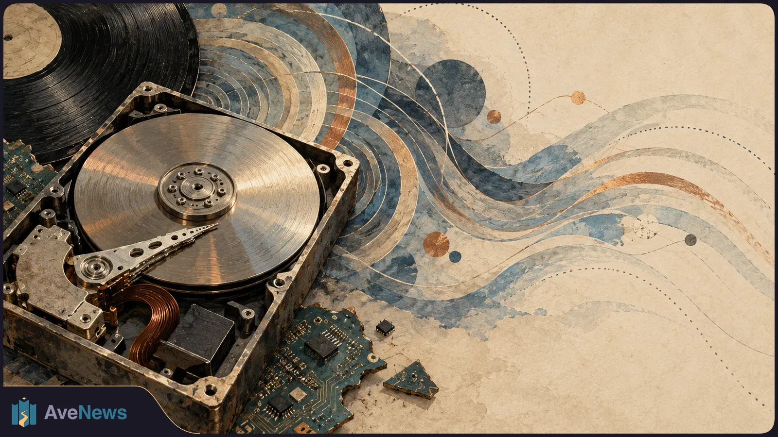 An open hard drive beside a vinyl record and circuit-board fragments, with blue and gold waves and circles flowing across a textured background. SI illustration