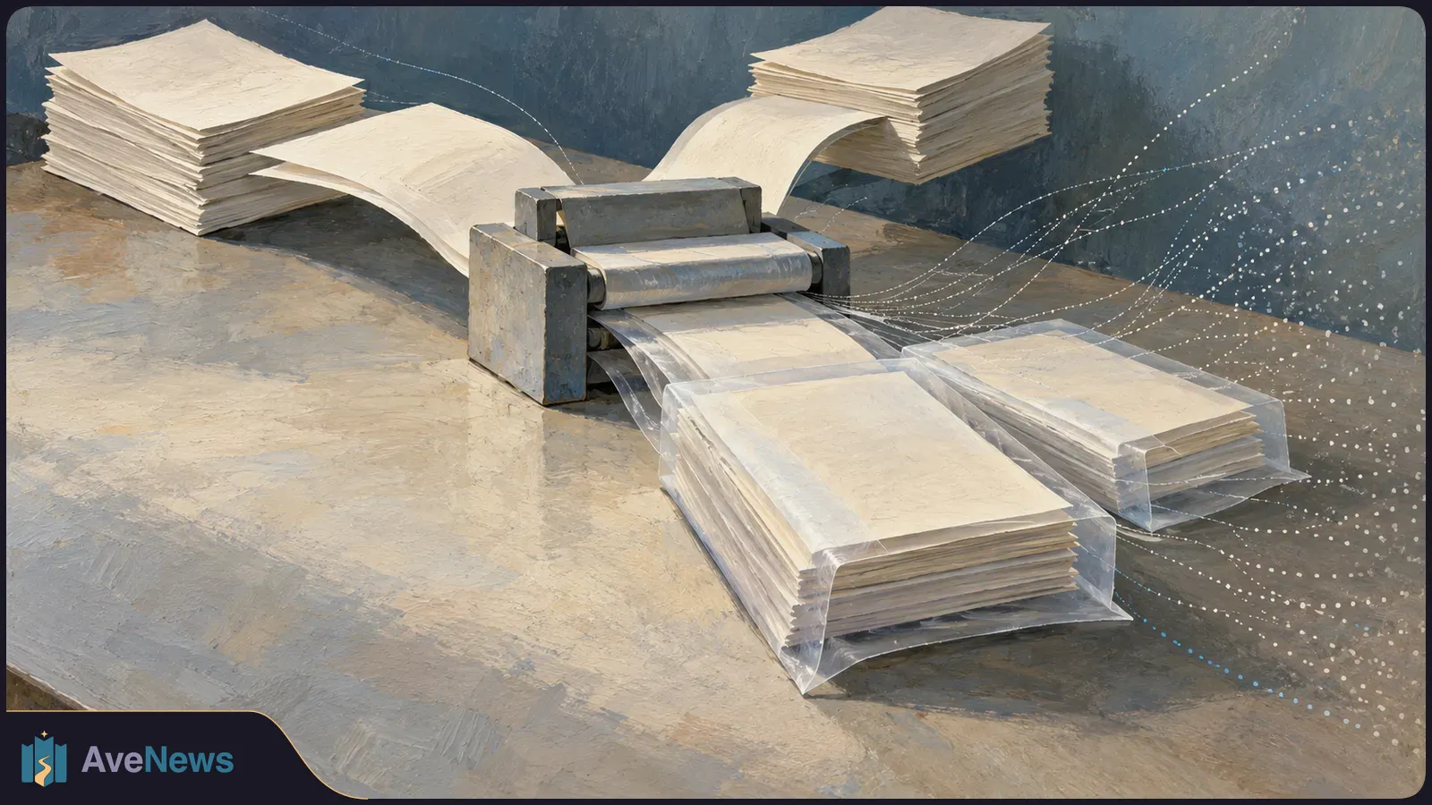 Illustration of paper stacks feeding through a metal roller, with sheets emerging inside transparent sleeves and dotted lines arcing across the background. SI illustration