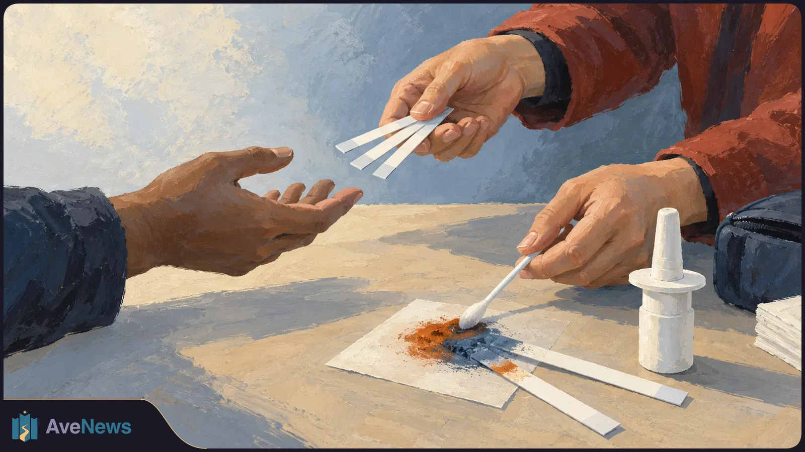 An illustration of hands holding test strips over an open hand while a swab touches orange and dark powder on paper. More strips and a small white bottle sit on the table. SI illustration