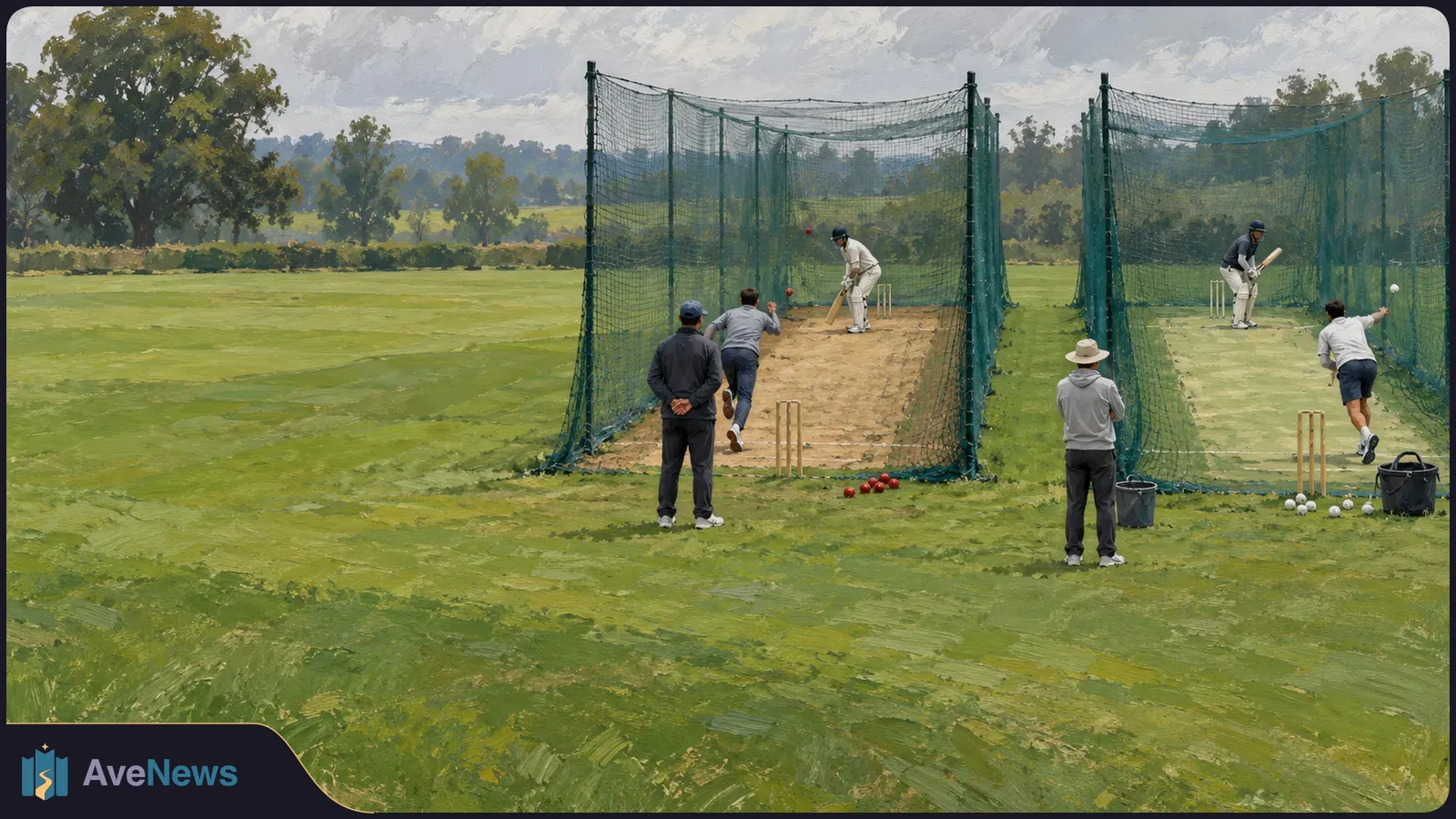 Painted cricket field with two practice nets, each holding a batter and bowler, while two people watch from the grass. SI illustration