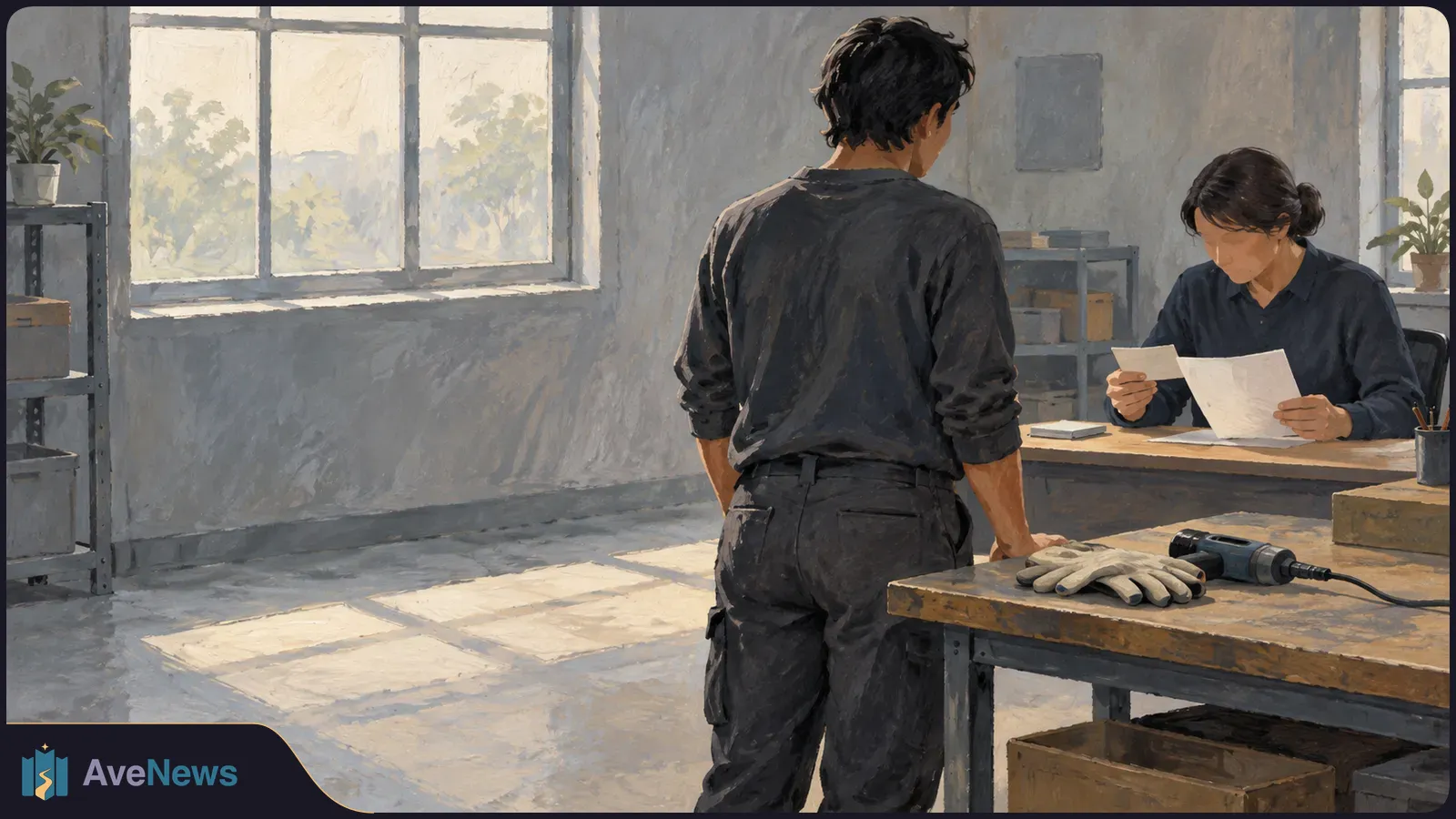 Illustration of a person standing by a workbench while another seated at a desk examines papers. Gloves and a power drill rest on the bench in a sunlit workshop. SI illustration