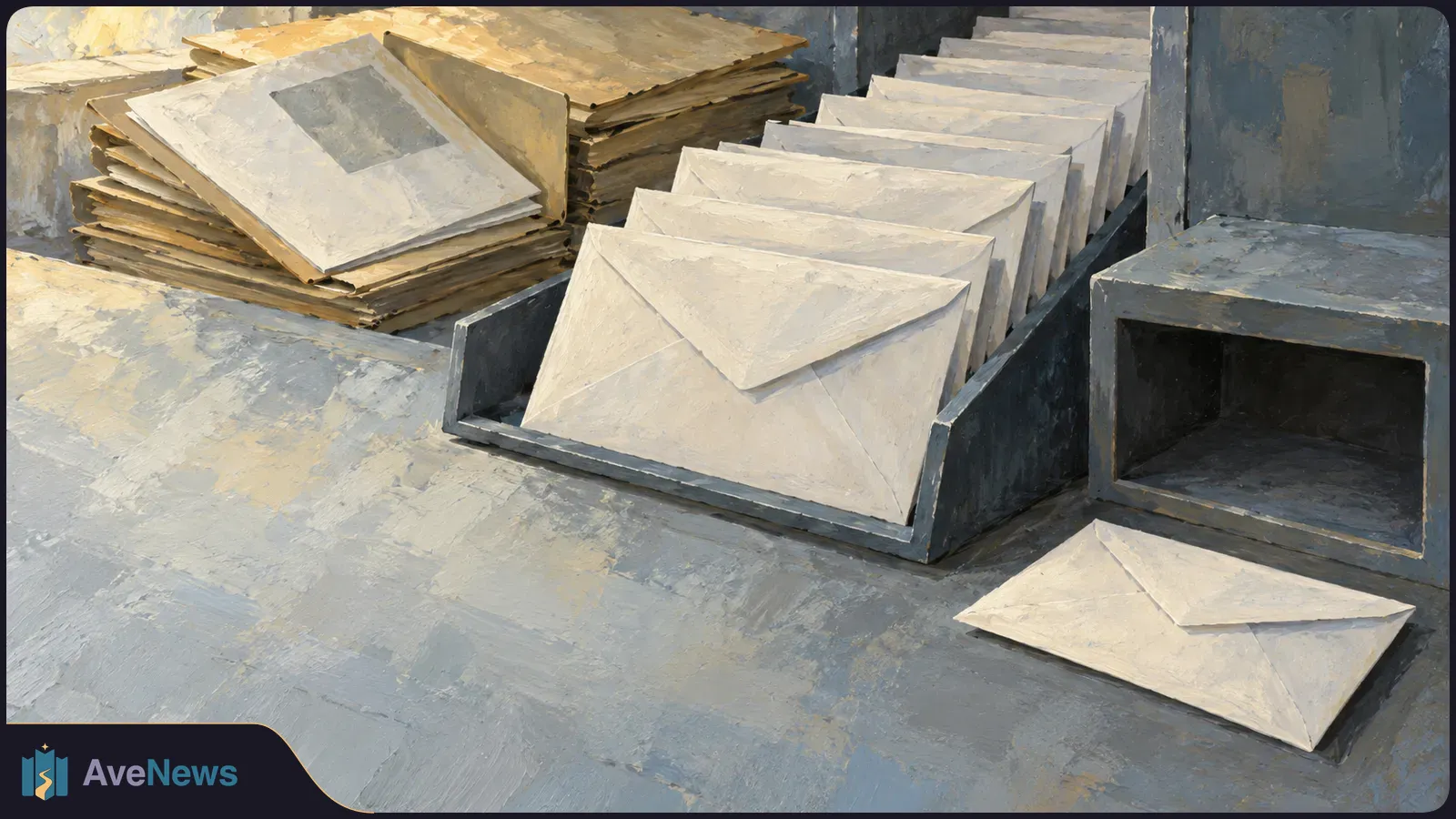 Painterly illustration of white envelopes lined up in a dark tray beside stacks of tan folders. One envelope lies on a gray surface. SI illustration