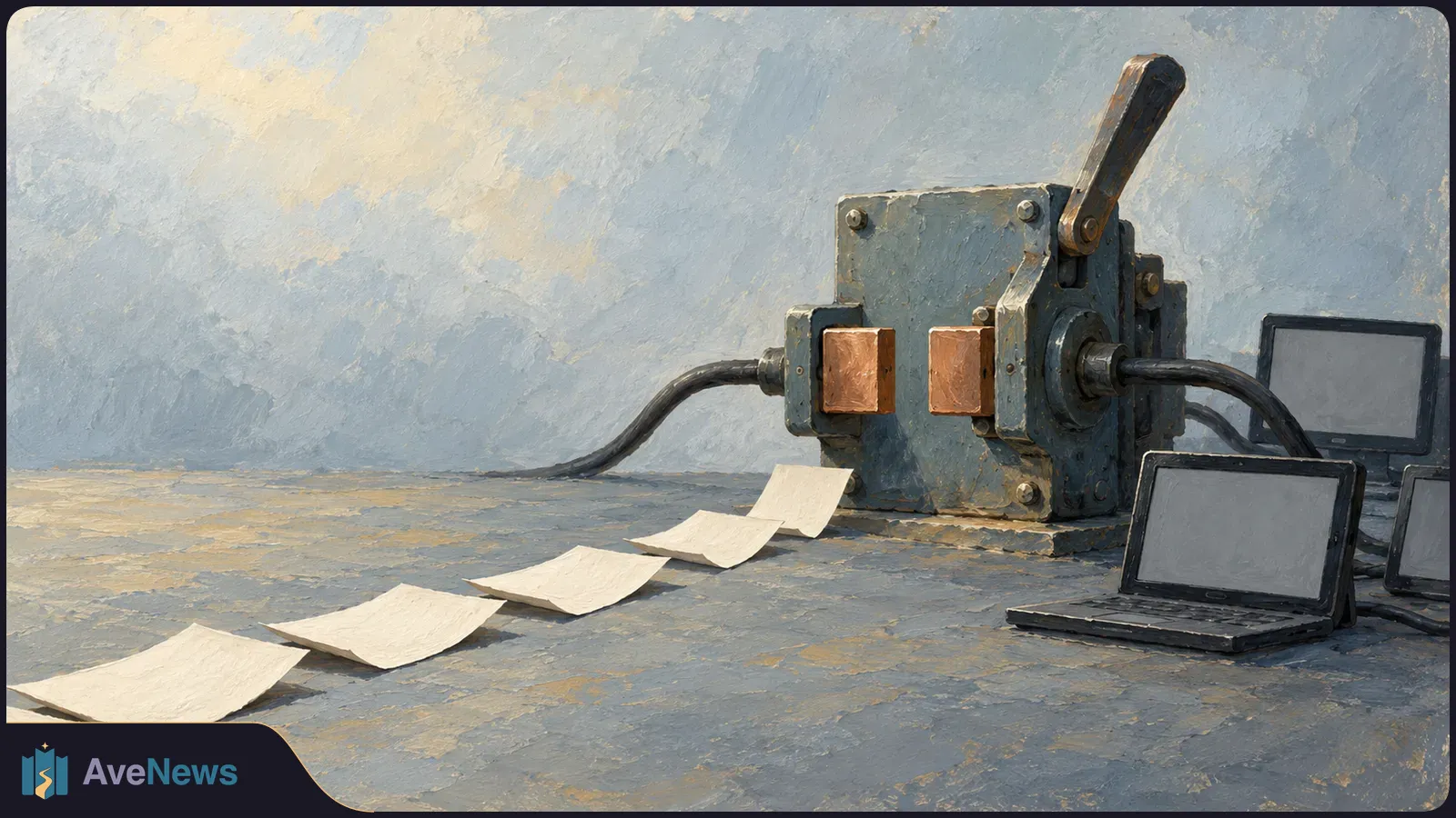 Painterly illustration of a large metal lever mechanism connected by cables to several laptops with blank screens; loose sheets of paper trail across the floor. SI illustration
