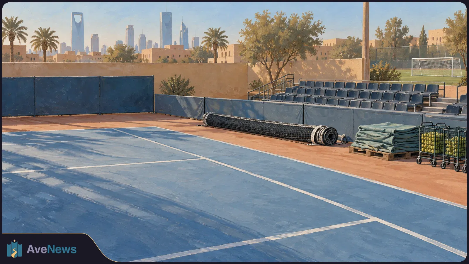 An empty blue tennis court with a rolled-up net, carts of balls and vacant seats. A football goal and city skyline are visible beyond. SI illustration