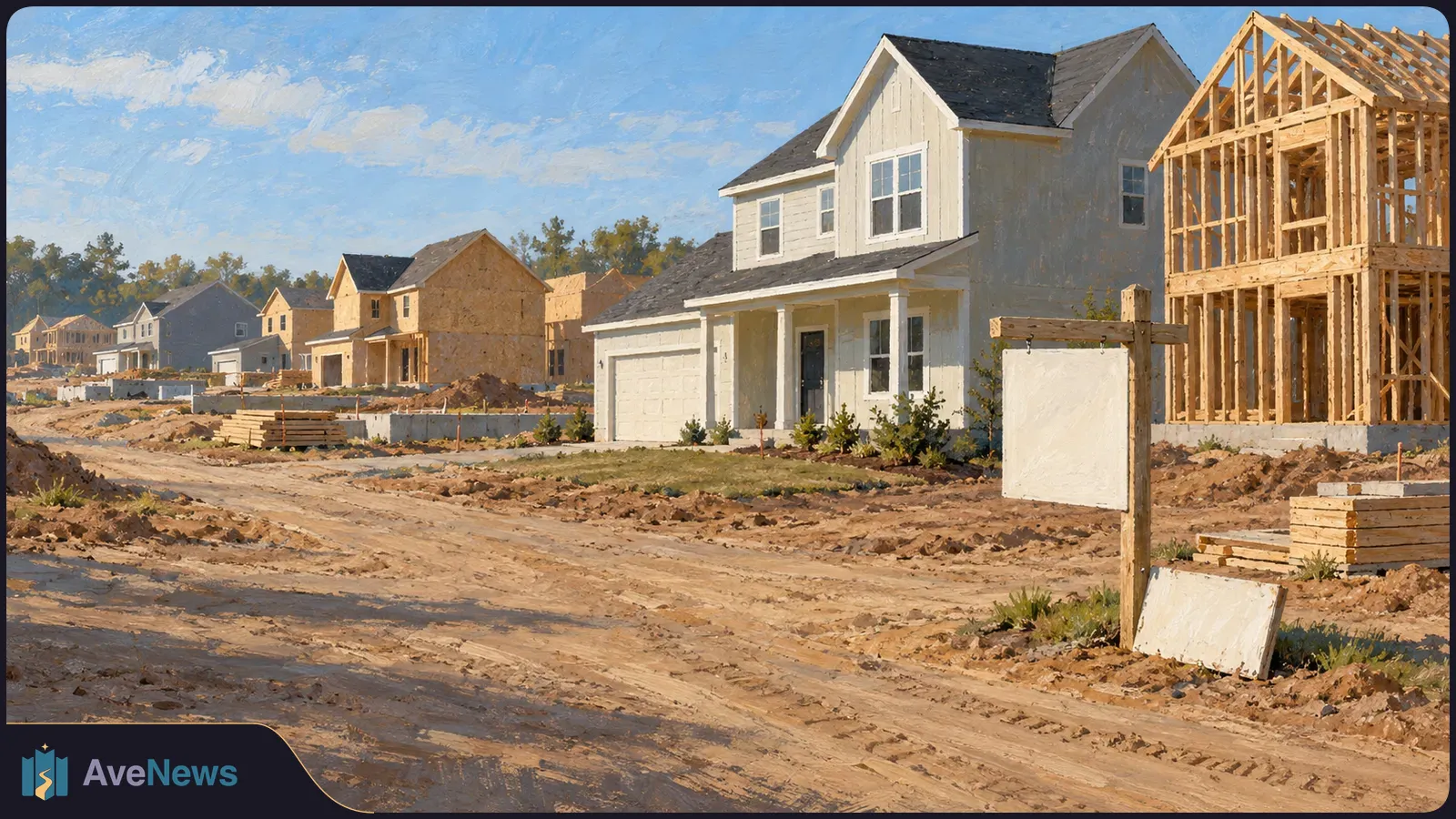 Painted scene of a dirt road through a housing development, with a finished house beside a timber-framed house under construction and a blank roadside sign. SI illustration