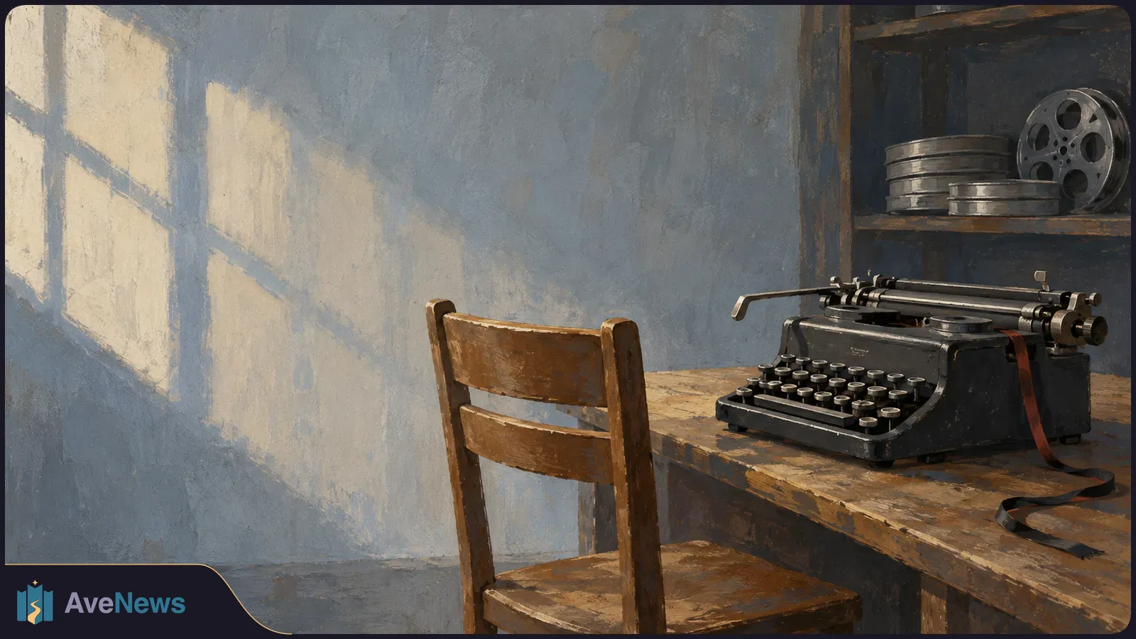 A painted scene of a black typewriter on a worn wooden desk beside an empty chair, with film reels on a shelf and window light falling across the wall. SI illustration