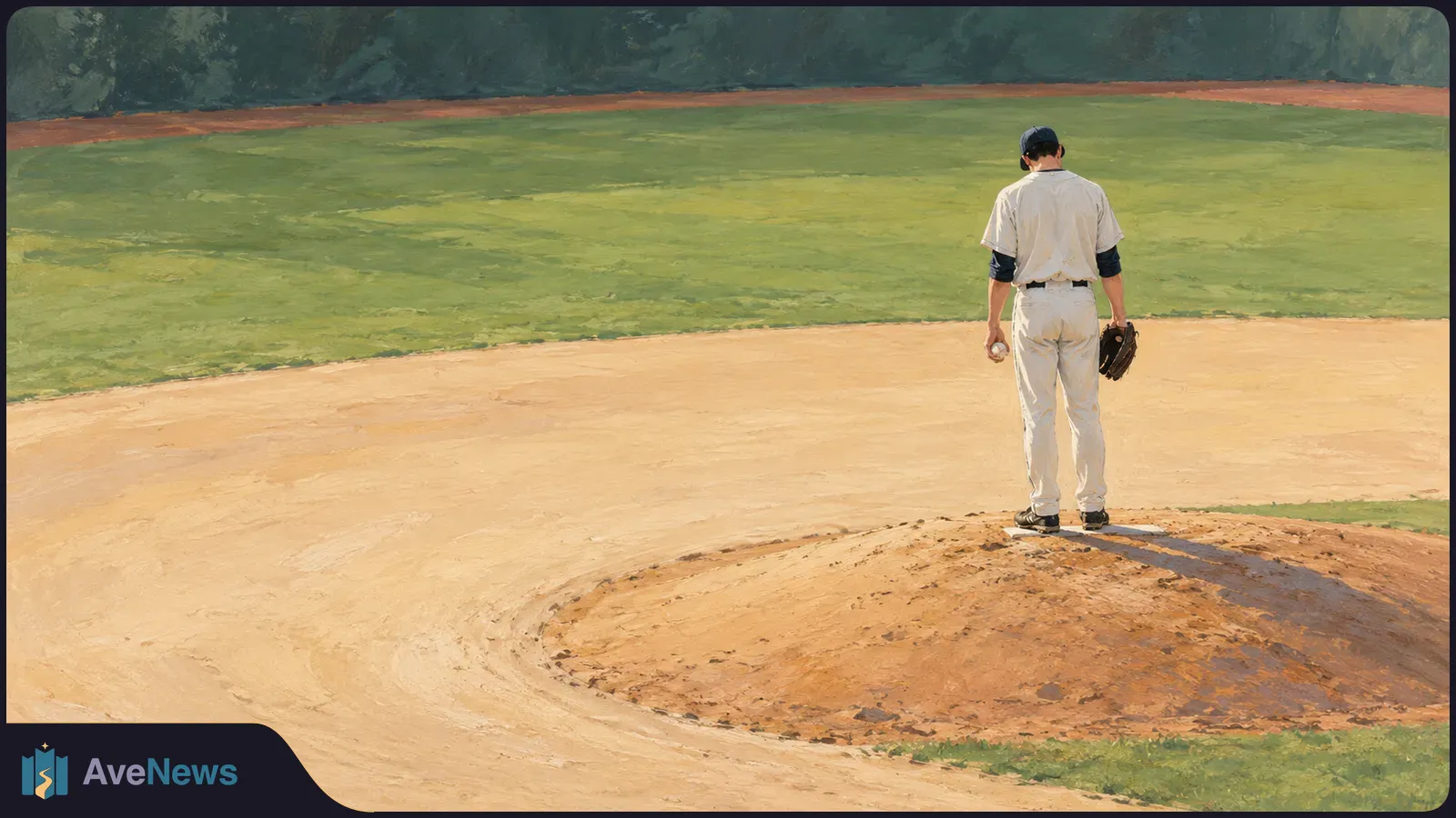 Painterly view of a baseball player from behind on a dirt mound, holding a ball and glove, with green outfield grass beyond. SI illustration