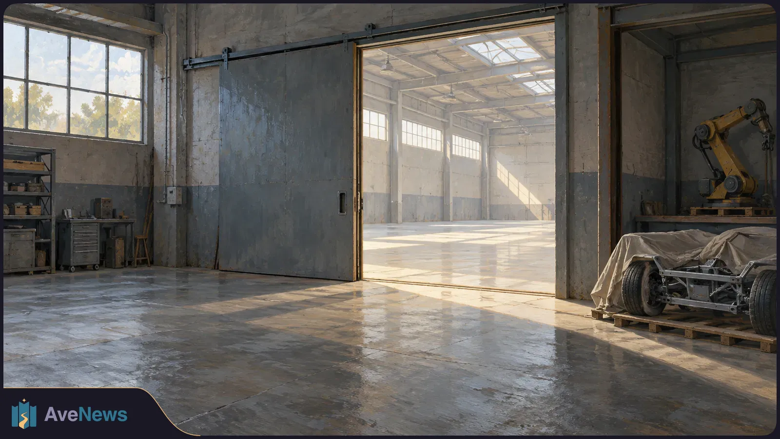 Sunlit industrial workshop with a large open sliding door, a yellow robotic arm, and a partly covered wheeled vehicle frame on pallets. SI illustration