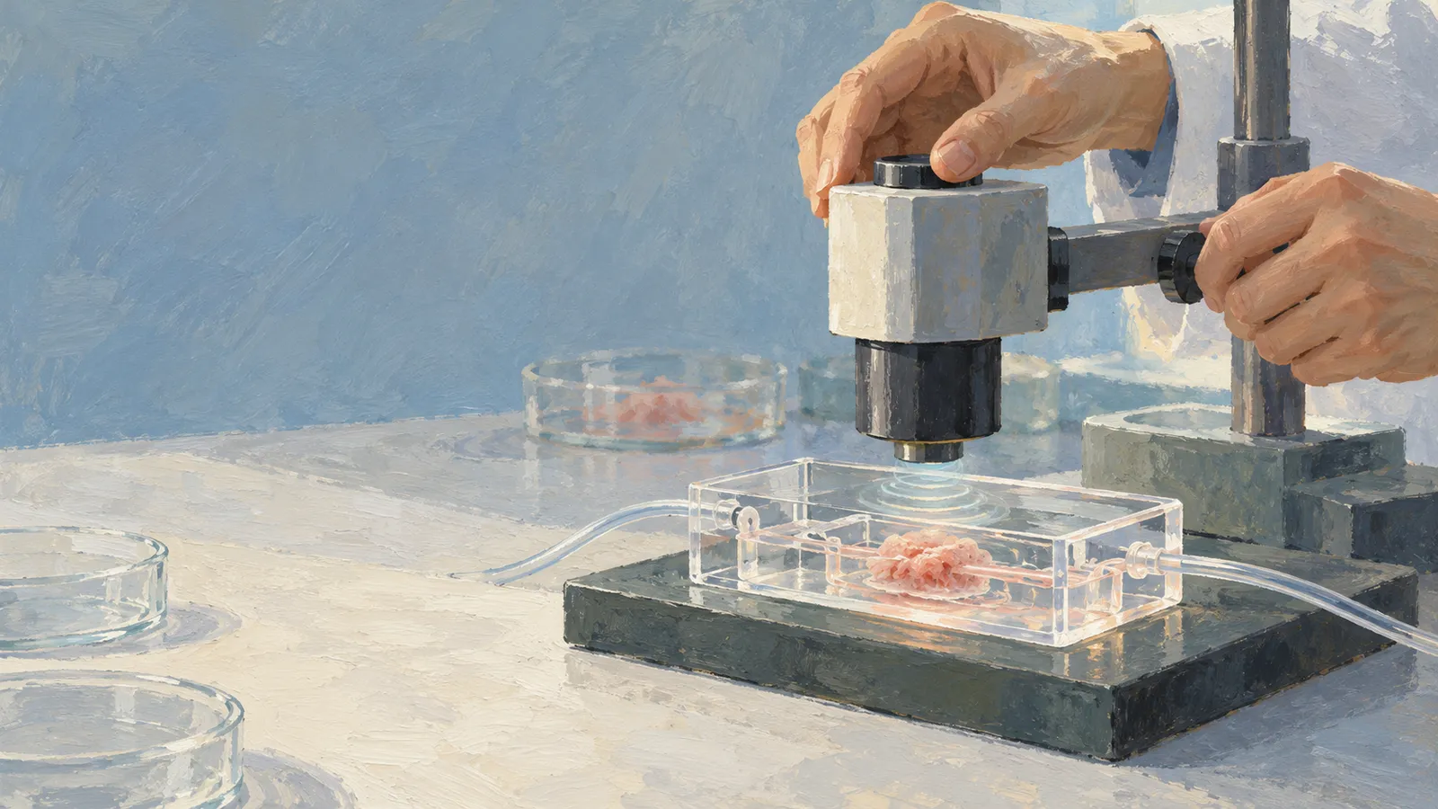 Illustration of hands adjusting a laboratory instrument above a clear chamber containing a pink sample, with tubing and dishes on the bench. SI illustration