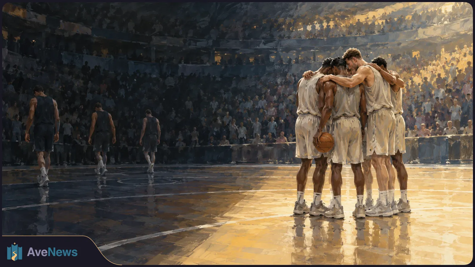Illustration of basketball players in white uniforms huddling around a ball on a brightly lit court, with players in dark uniforms walking away and spectators in the stands. SI illustration