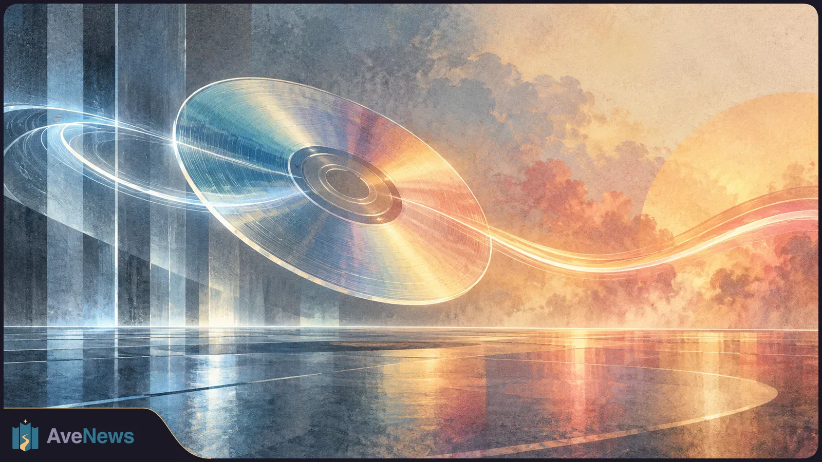 An iridescent disc floats amid sweeping light trails, with cool blue columns on one side and a warm orange glow on the other. SI illustration