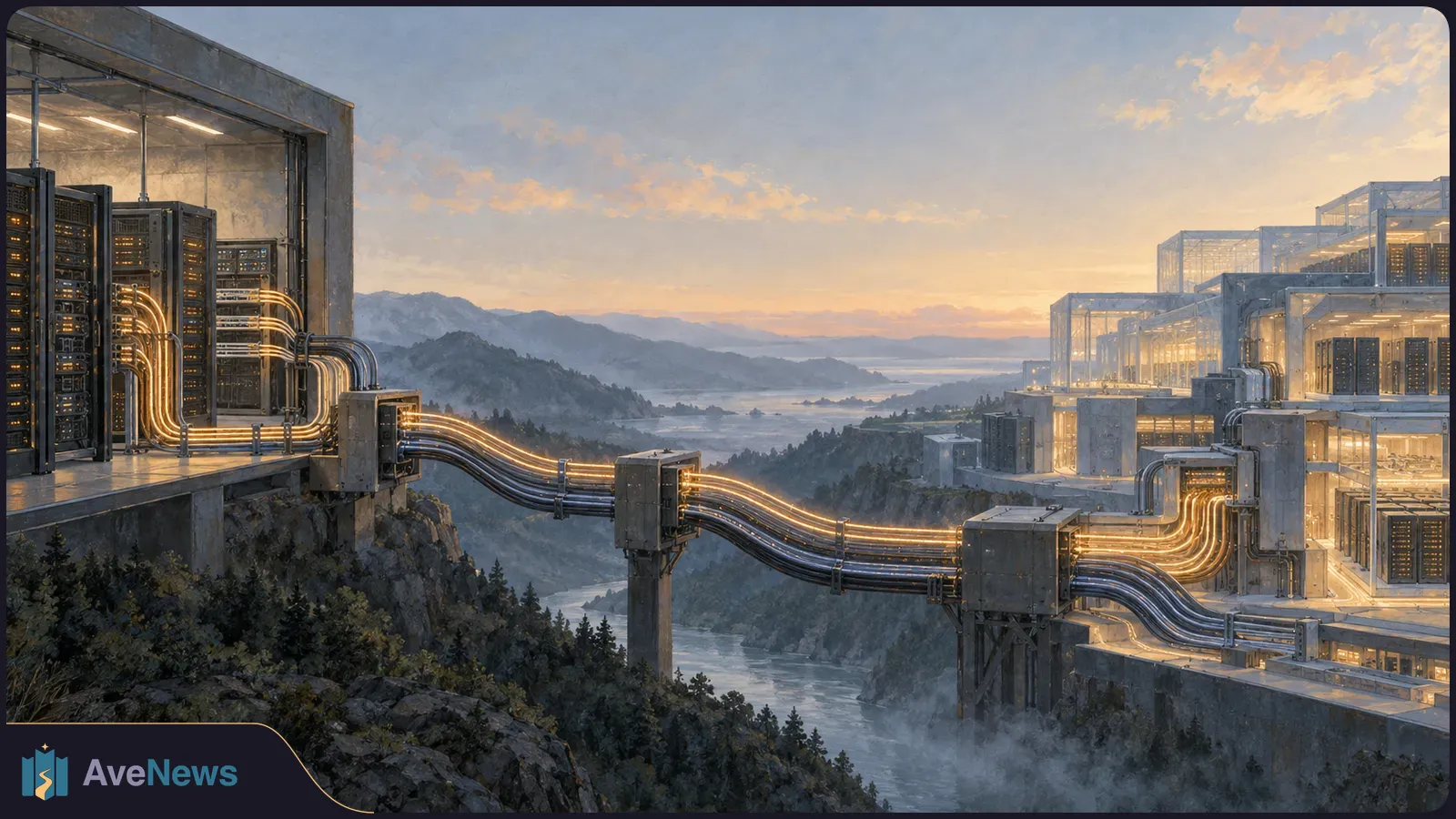 Illustrated server rooms on opposite sides of a misty river valley, linked by bundles of glowing cables at sunset. SI illustration