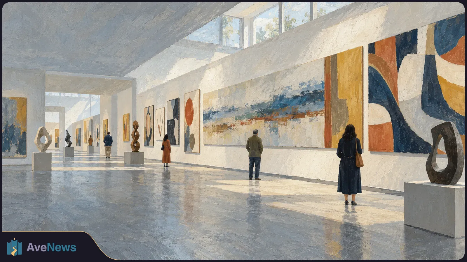 Painterly view of a sunlit gallery with large abstract paintings, sculptures on plinths and visitors looking at the art. SI illustration