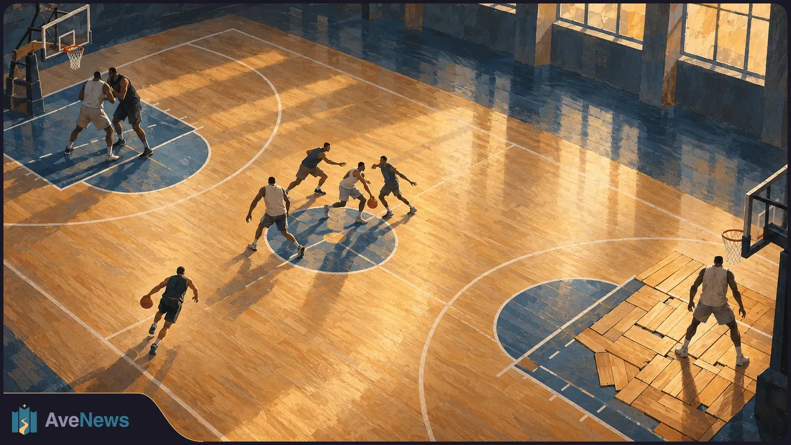 High-angle painting of players on a sunlit indoor basketball court, with two hoops and wooden planks covering part of the floor near one basket. SI illustration