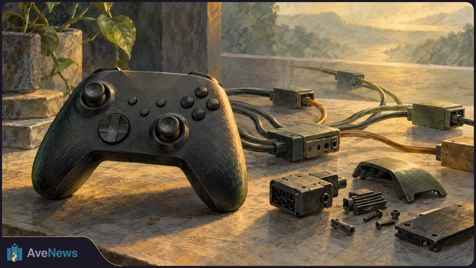 A painted black game controller sits on a sunlit table beside cables, connectors and scattered electronic parts, with hills in the distance. SI illustration