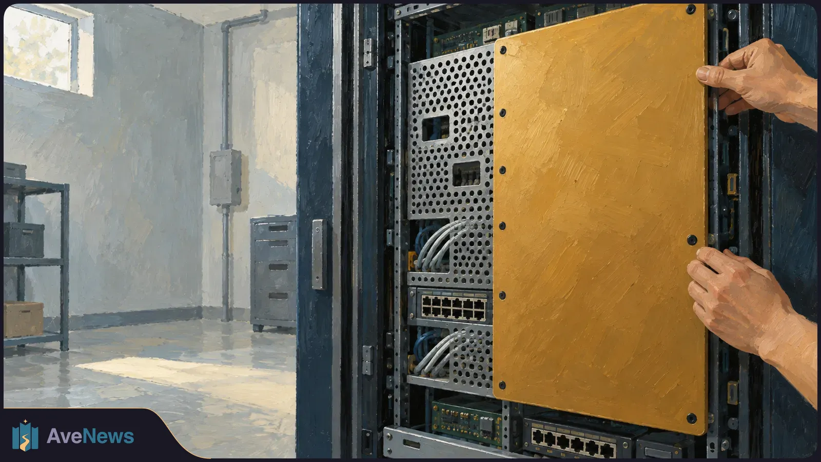 Illustration of two hands holding a yellow panel against an open network equipment rack, with cables and ports visible in a sparse room. SI illustration