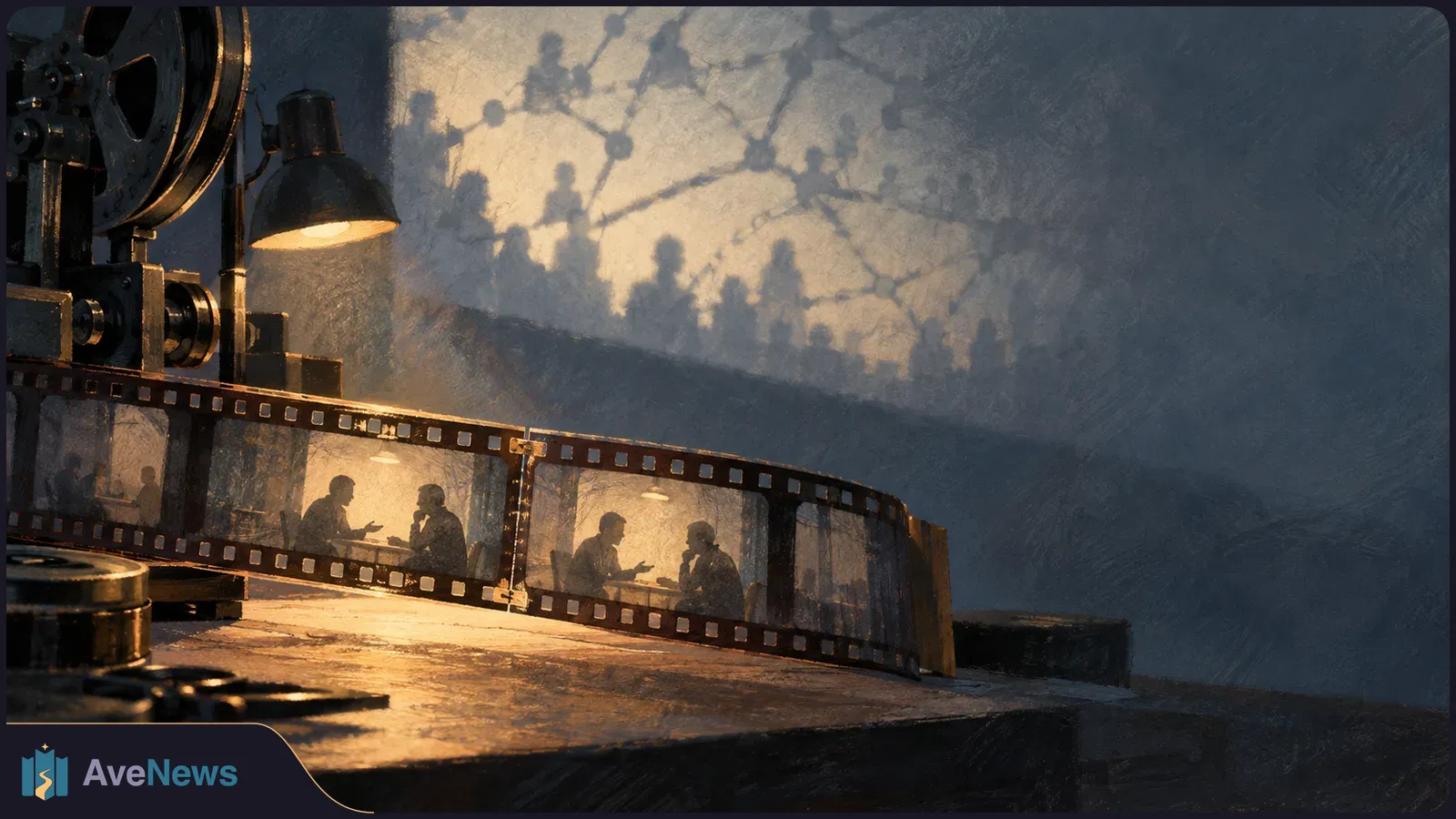 A film projector stands beside a strip of frames showing silhouetted pairs in conversation; shadows of people linked by lines spread across the wall. SI illustration