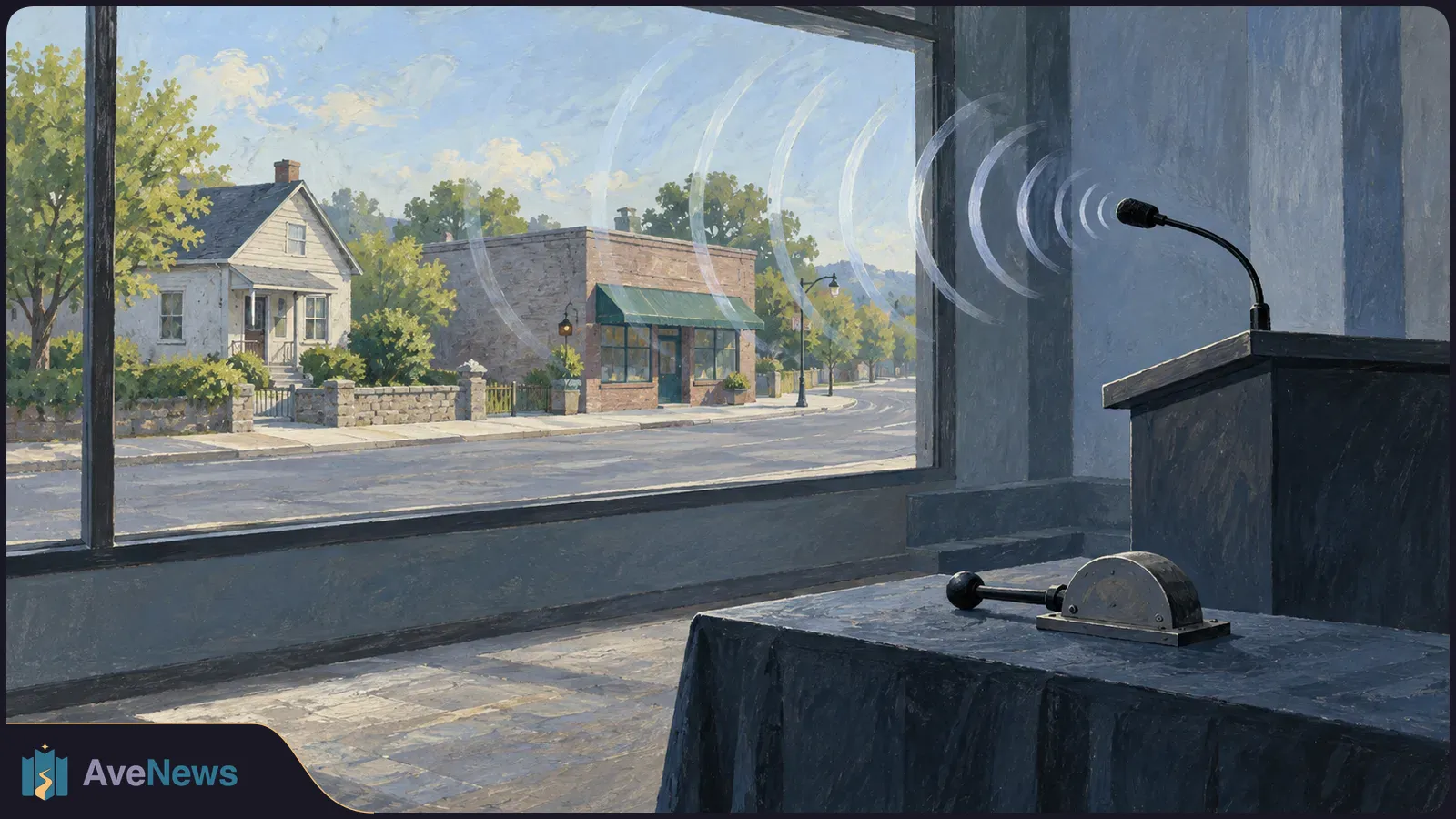 Painted view of a microphone at a dark lectern and a lever on a table beside a large window. Translucent waves extend toward a quiet street with a house, shop and trees. SI illustration