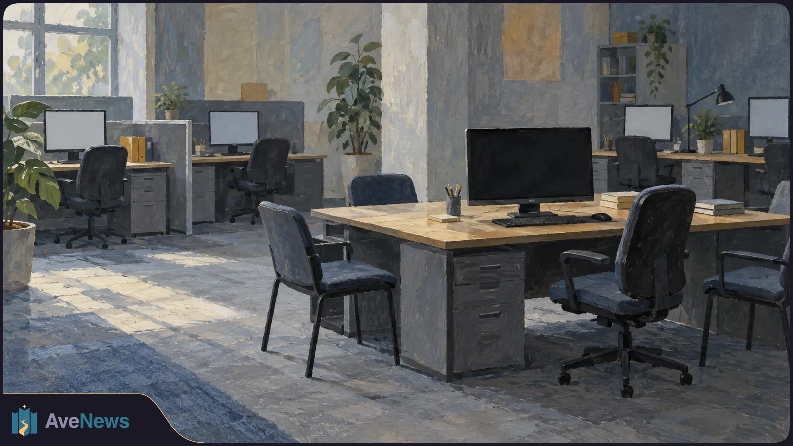 A painted, empty office with desks, chairs, blank computer monitors and potted plants lit by a window. SI illustration
