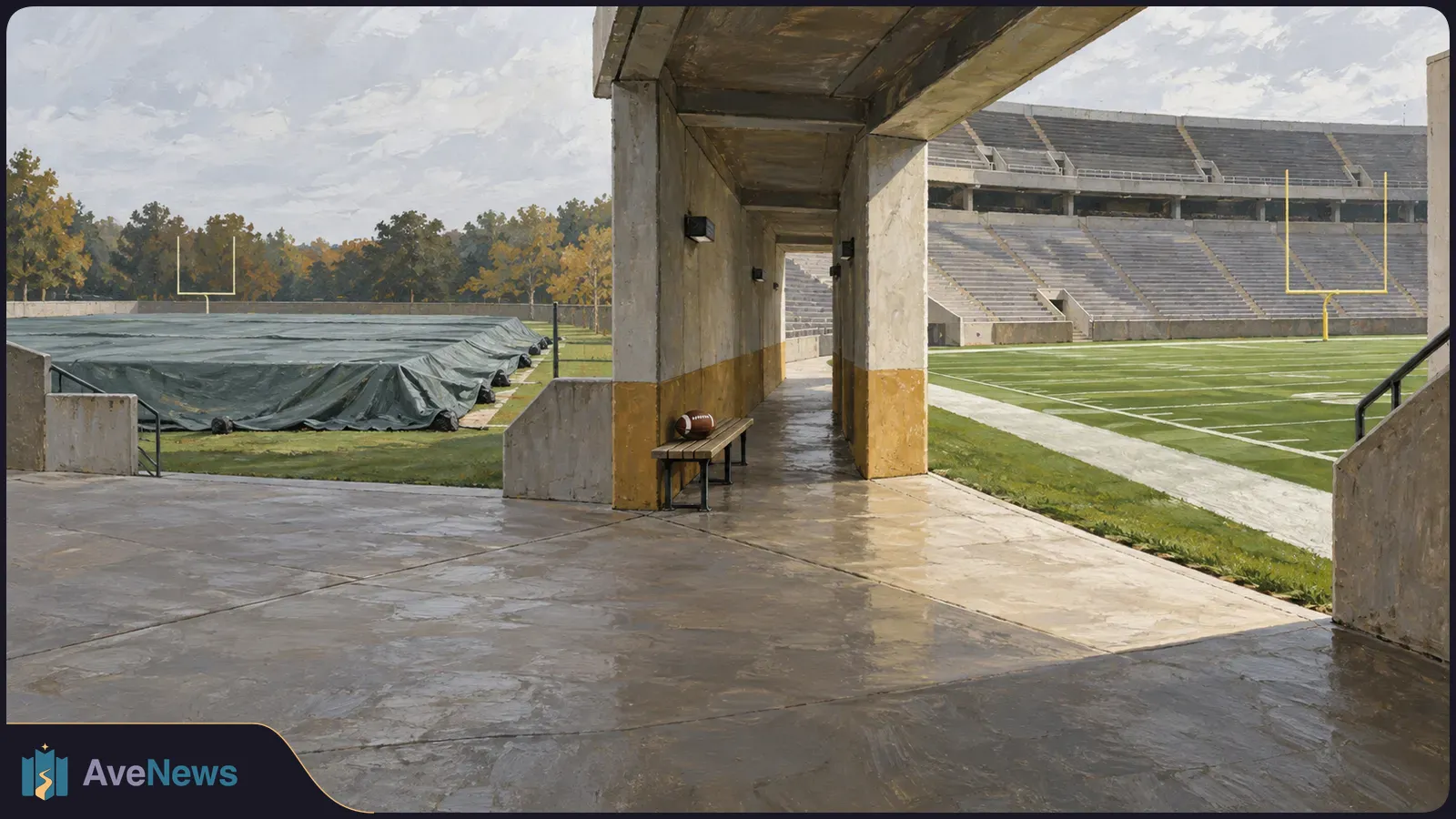 Painted view from a concrete stadium passage: a football rests on a bench beside an empty field with yellow goalposts, gray bleachers and a large covered area. SI illustration
