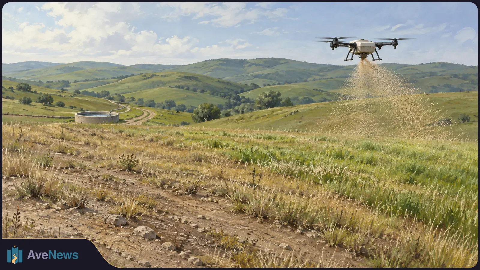A drone scatters particles over a dry, grassy field. A circular trough and winding dirt track sit among rolling green hills. SI illustration