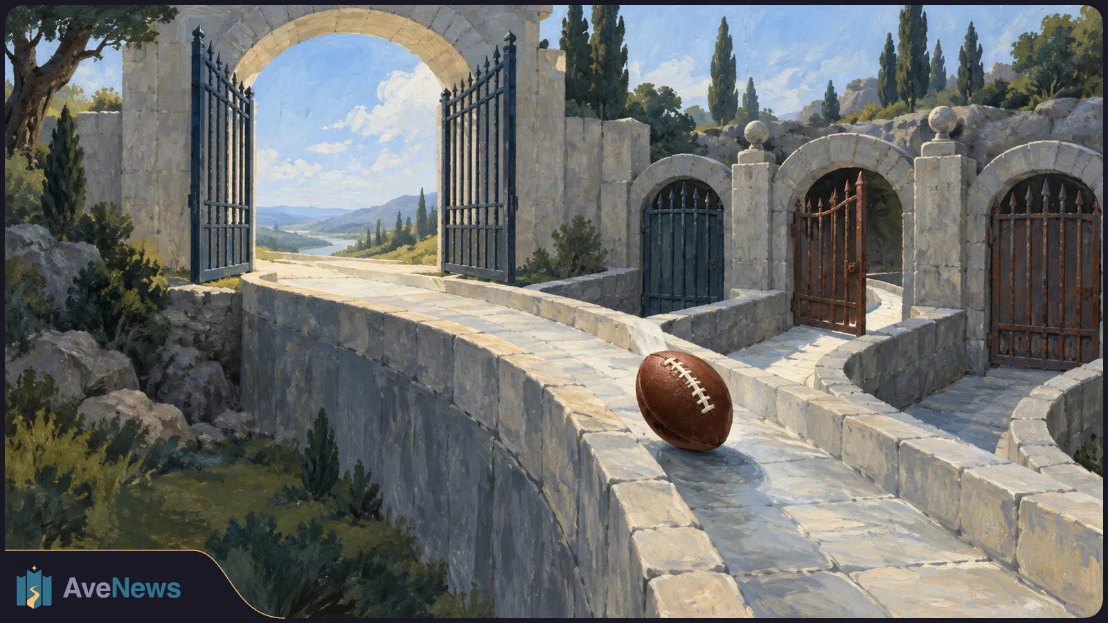 A painted American football rests on a stone walkway that branches toward several iron gates, with one large gate open to a sunlit landscape. SI illustration