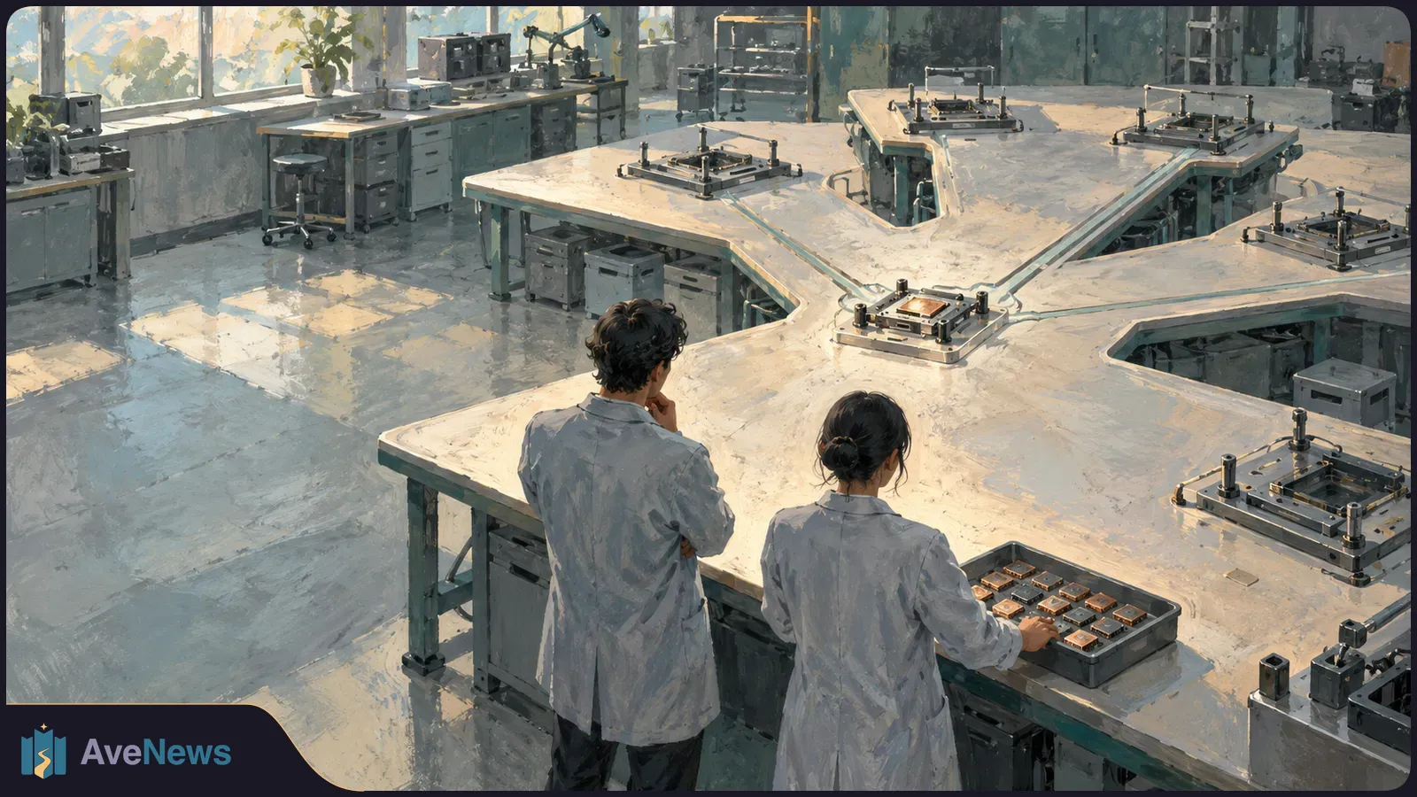 Two people in lab coats stand at a large workbench with small components in a bright workshop lined with equipment and windows. SI illustration