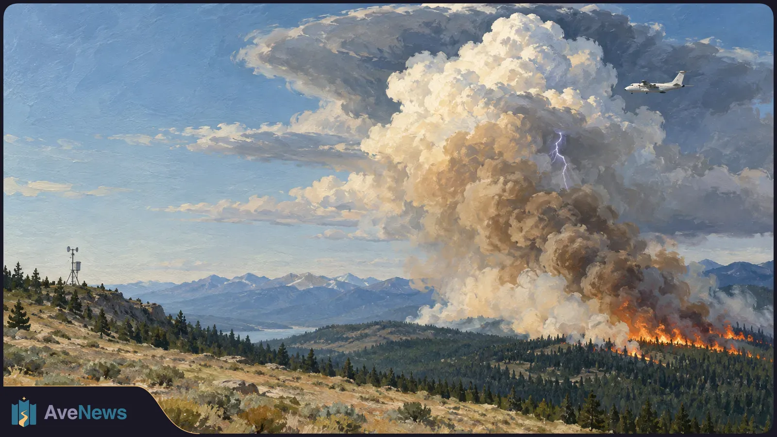 Painted landscape of a forest fire beneath towering clouds and lightning, with an aircraft near the clouds and a weather station on a ridge. SI illustration