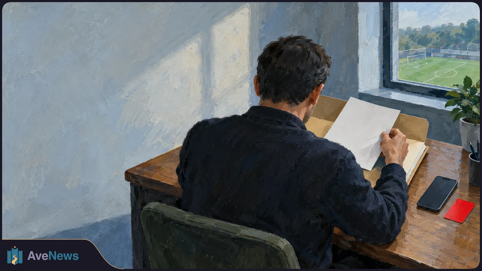 Illustration of a person seen from behind holding a blank sheet at a desk. A phone and red card lie nearby, with a football pitch visible through the window. SI illustration
