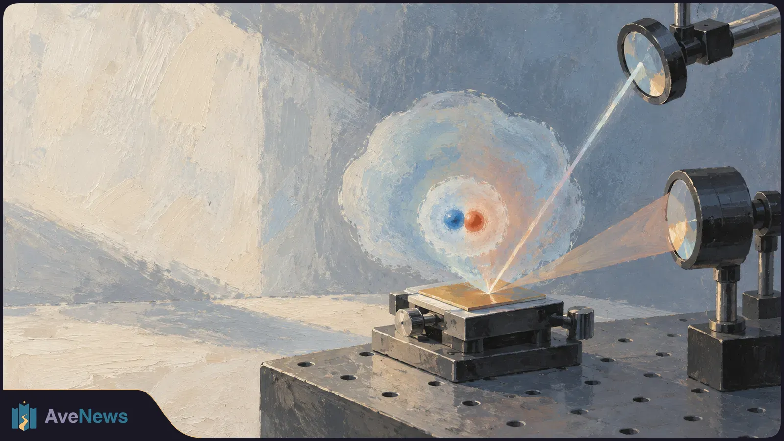 Painted illustration of two light beams meeting on a sample in an optical setup, with a blue-and-orange paired cloud above it. SI illustration
