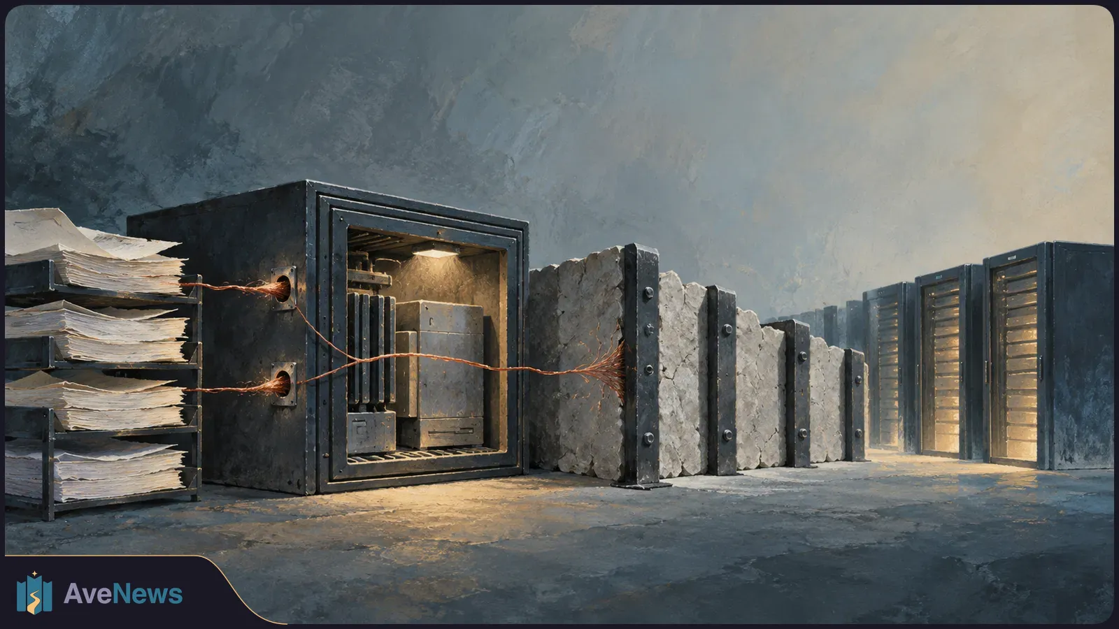 Painted scene of paper-filled trays connected by copper wires to an open server cabinet, with cracked barriers and rows of servers behind it. SI illustration