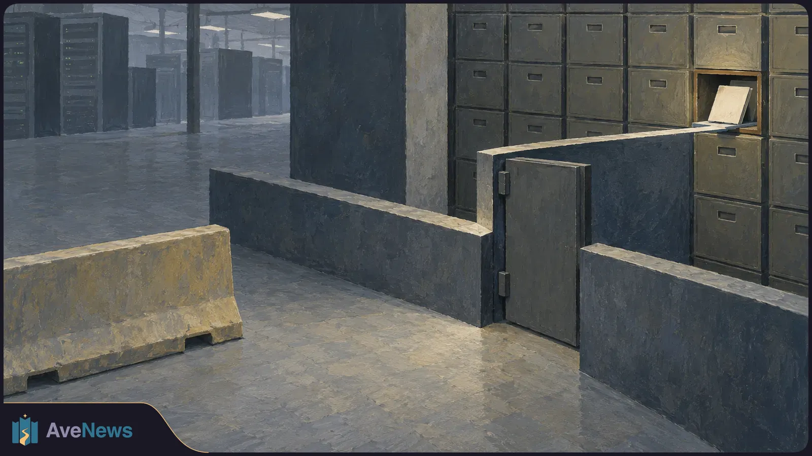 Painted server room with rows of racks, concrete barriers and a wall of filing cabinets; a blank sheet rests in one open compartment. SI illustration