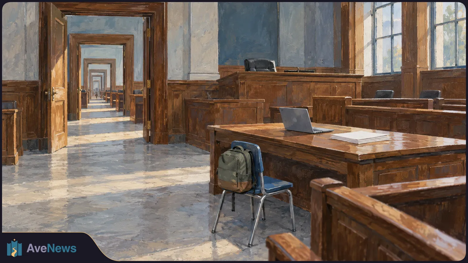 Painted courtroom with wooden benches, open doorways, and a table holding a laptop and blank papers. A backpack hangs from a chair. SI illustration