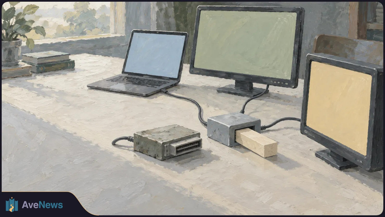 Painted scene of a laptop and two blank monitors on a desk, linked by cables to small connector boxes. Books and a potted plant sit near a window. SI illustration