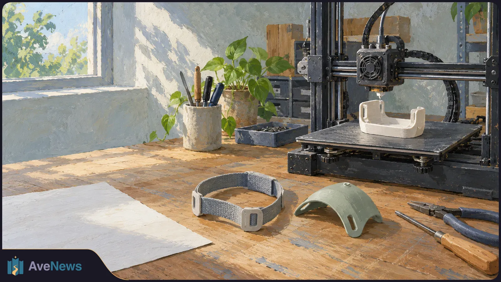 Painted workshop scene with a 3D printer making a white part. A strap, curved cover, tools and blank sheet lie on the wooden bench. SI illustration