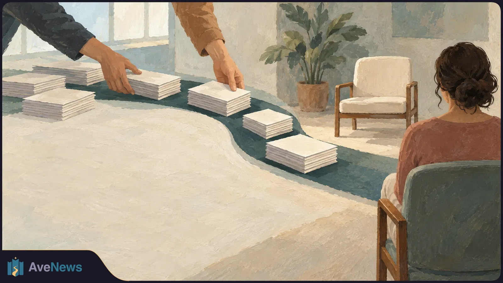 Painted scene of a woman seen from behind beside a table lined with stacks of blank papers. Two hands reach toward the papers; an empty chair and potted plant are in the background. SI illustration