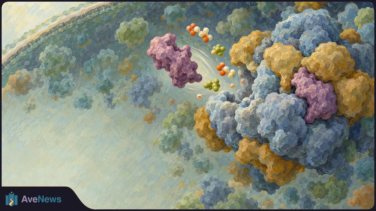Painterly molecular illustration of a purple cluster separating from a large blue-and-gold cluster, with small orange, white and green spheres between them. SI illustration