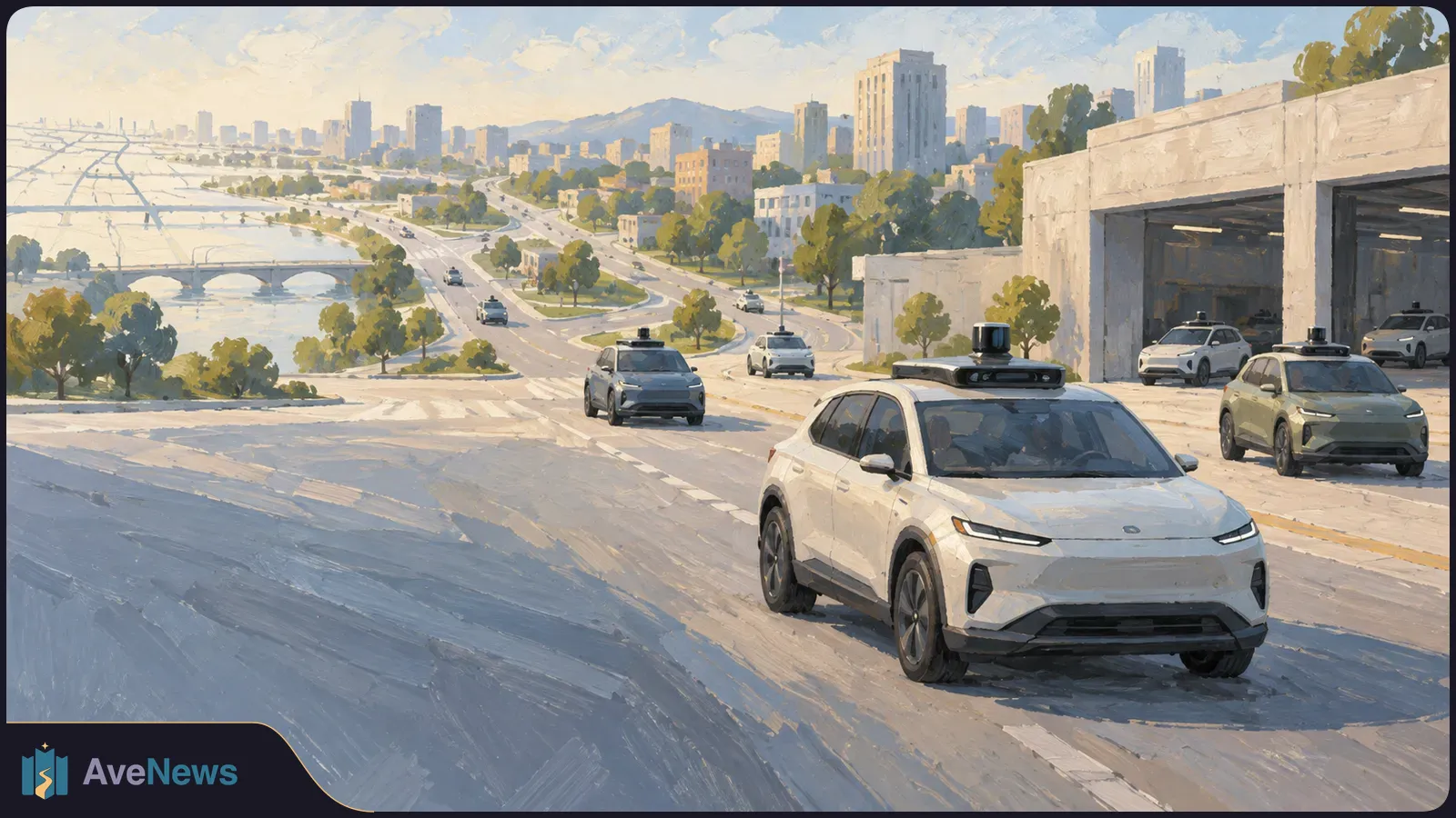 Painted city scene of several SUVs with roof-mounted sensor units driving beside a river and a multi-bay garage. SI illustration