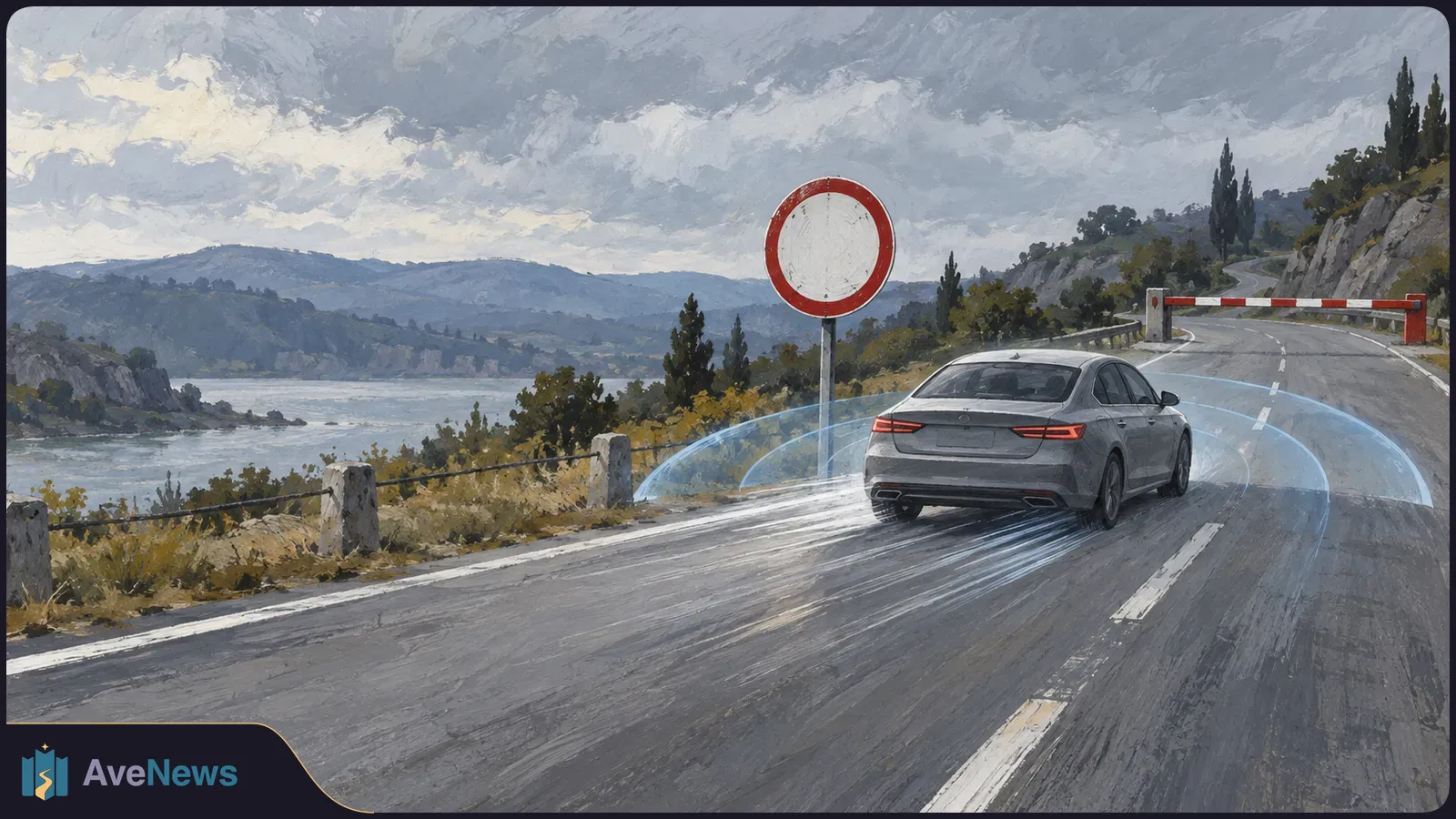 A gray sedan with blue sensor arcs approaches a blank red-rimmed road sign and a striped barrier on a winding lakeside road. SI illustration