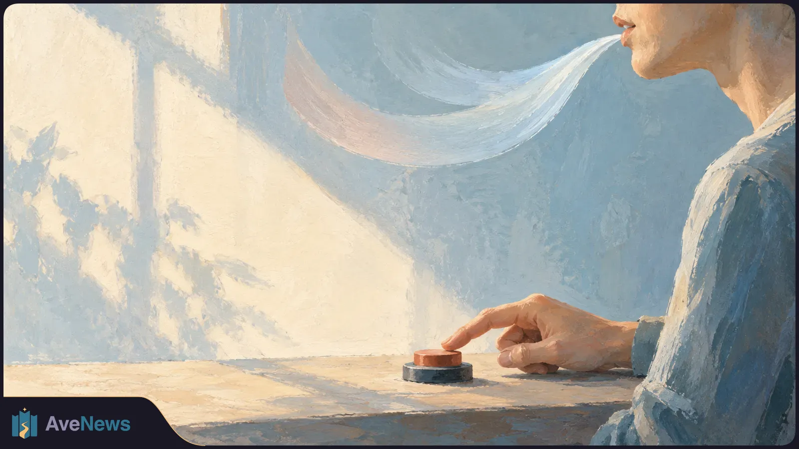 Painted close-up of a person breathing out while reaching to press a small button on a table. SI illustration