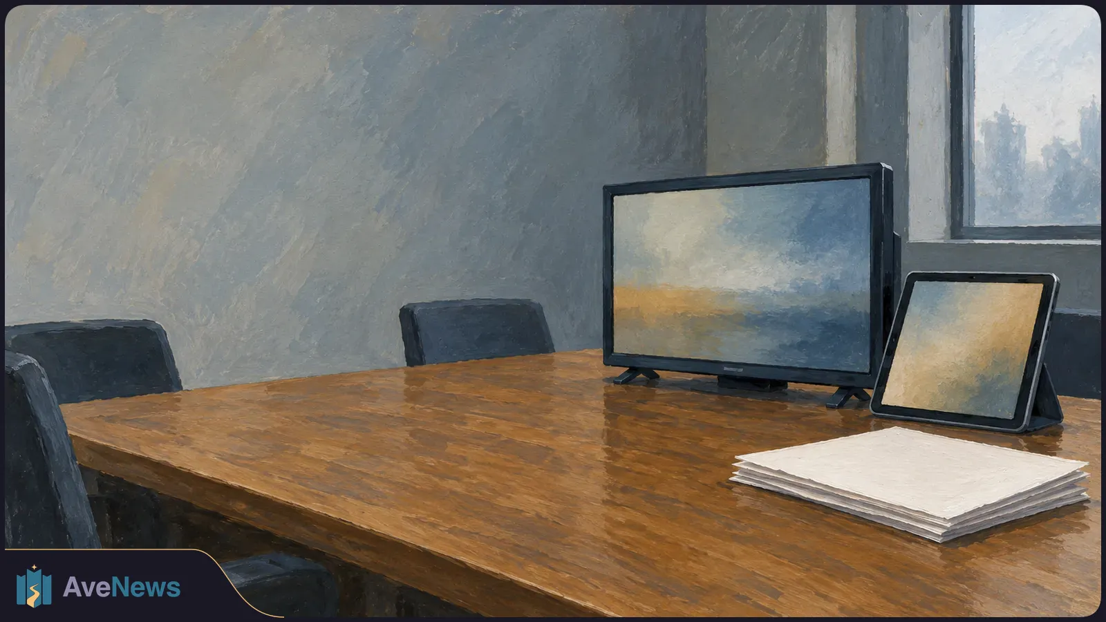 Painted scene of an empty meeting room with a wooden table, a television, a tablet, and a stack of blank papers. SI illustration