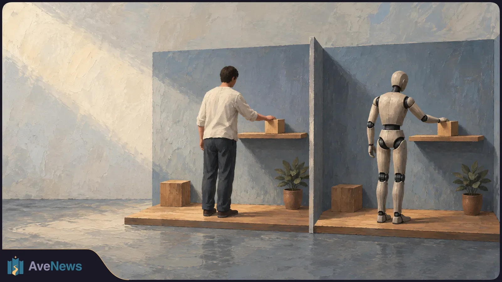 A painting shows a person and a humanoid robot on opposite sides of a partition, each reaching toward a wooden block on a shelf. SI illustration