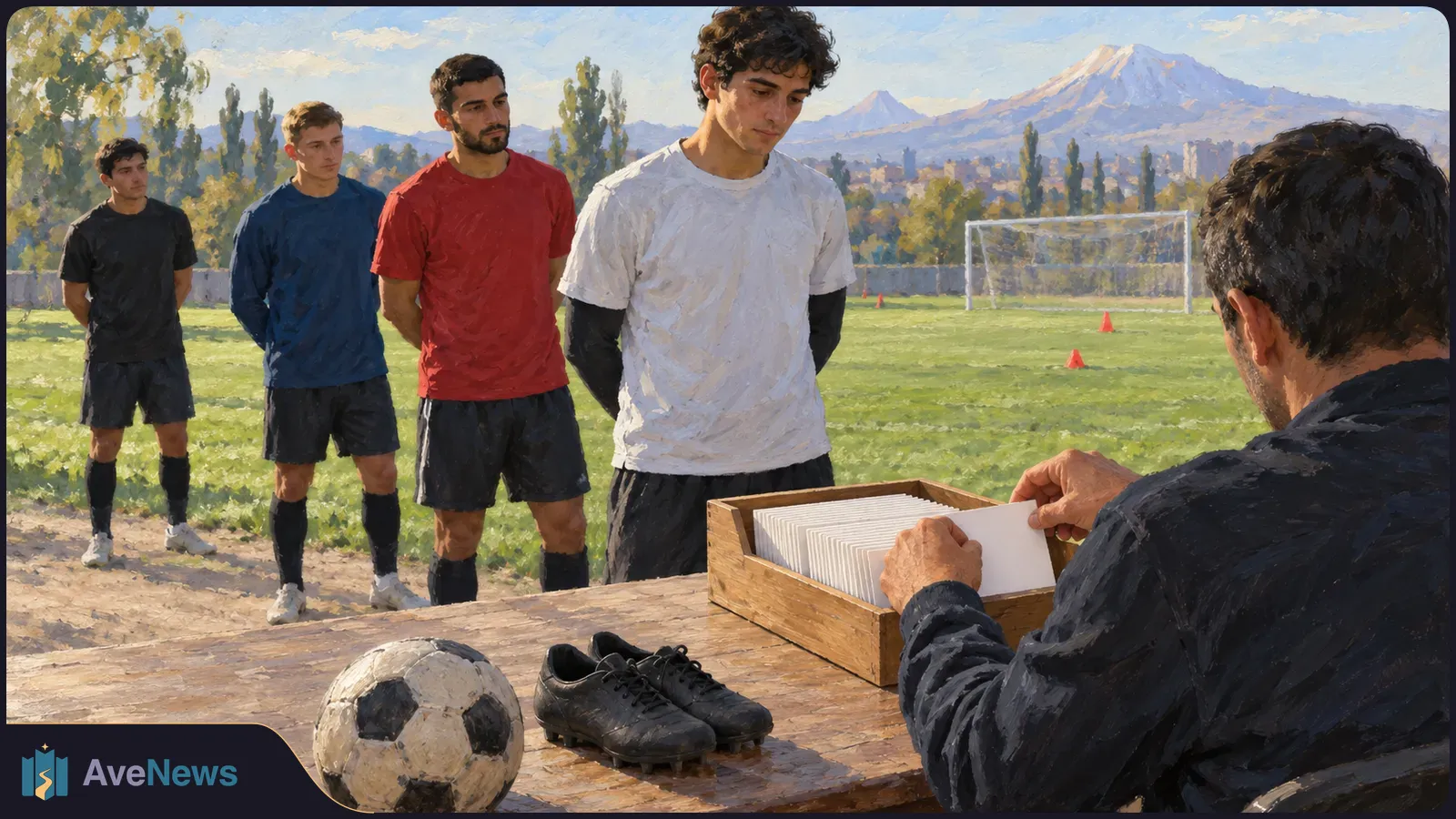 Illustration of four football players standing beside a field as a seated man sorts blank cards in a wooden box; a ball and cleats rest on the table. SI illustration