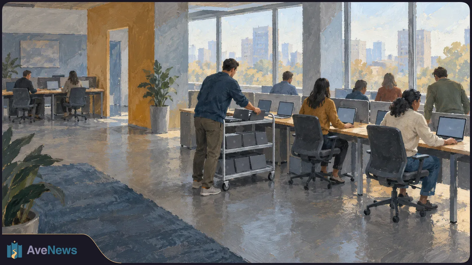 Painted office scene with people working at laptops, a man beside a cart of devices, and large windows overlooking a city skyline. SI illustration