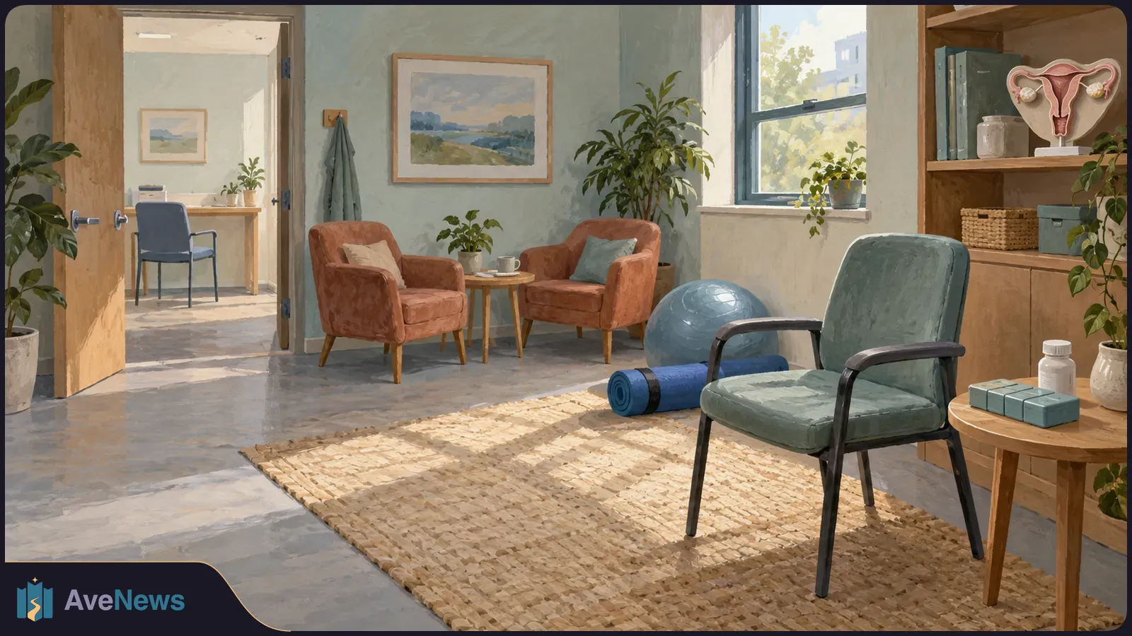 Sunlit consultation room with armchairs, a uterus model on a shelf, and an exercise ball and rolled mat beside a green chair. SI illustration