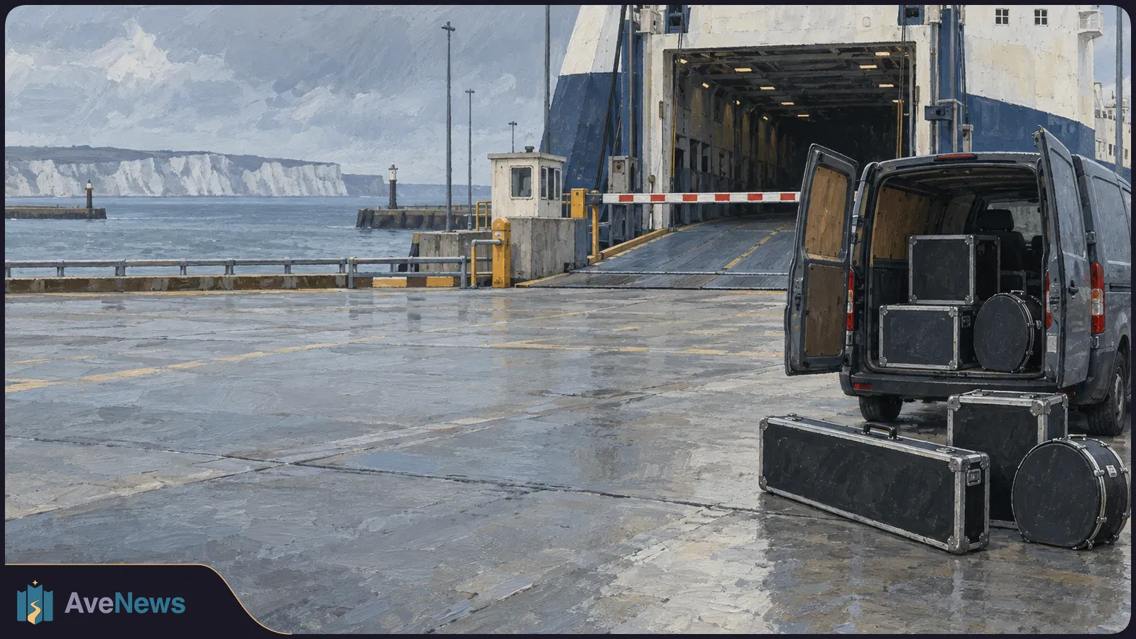 A painted scene of an open van and black music equipment cases on a wet quay beside a ferry ramp, with the sea and white cliffs beyond. SI illustration
