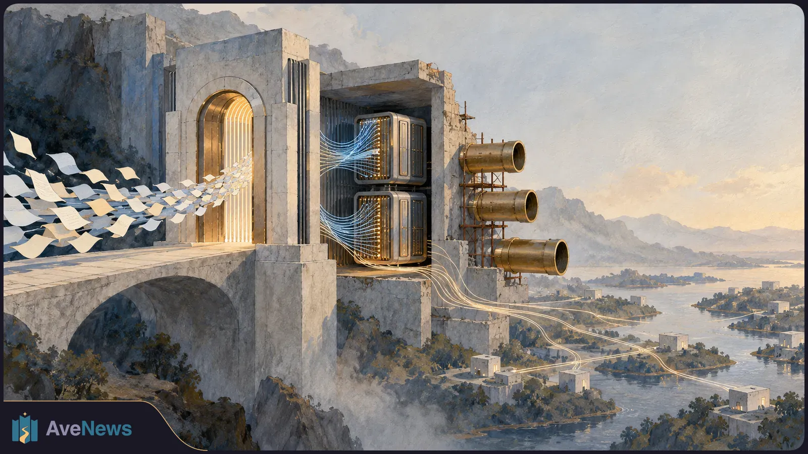Loose sheets fly toward a glowing doorway beside server cabinets; luminous lines run from the cabinets toward small buildings across a coastal landscape. SI illustration
